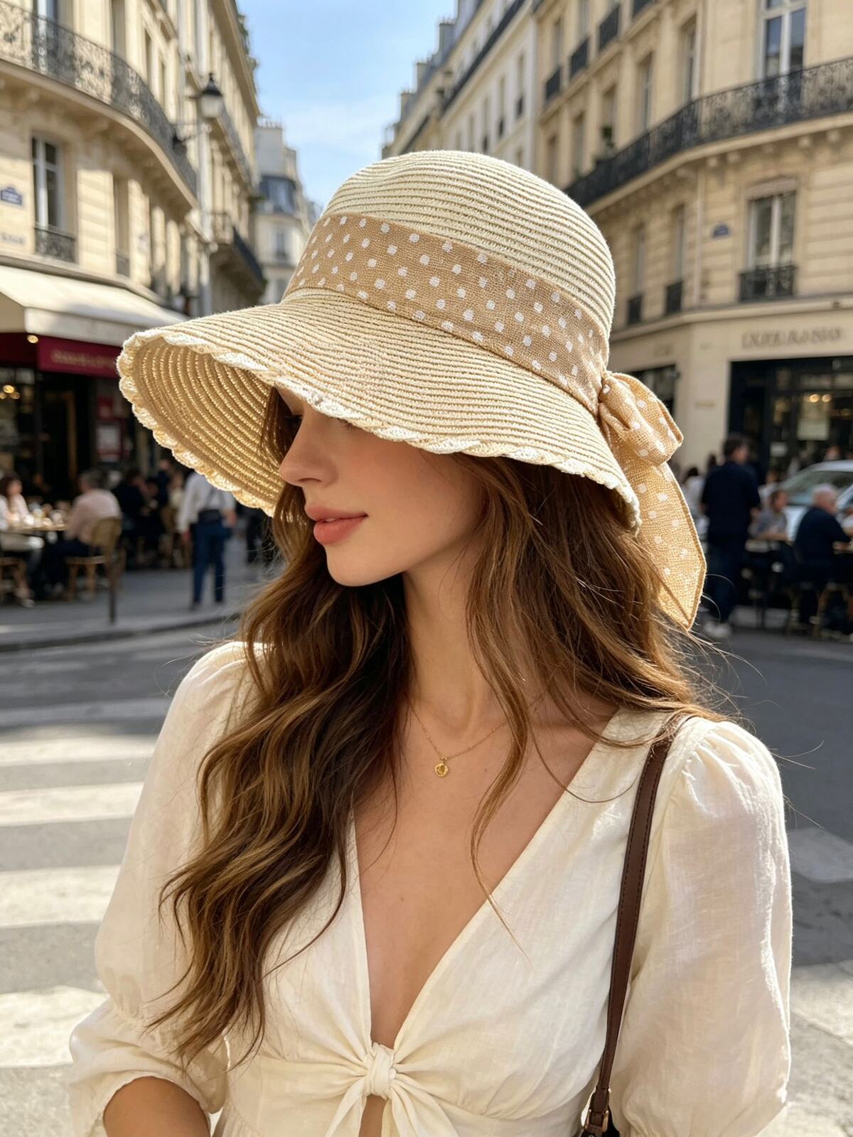 Sommerhat med prikket bånd - Beige