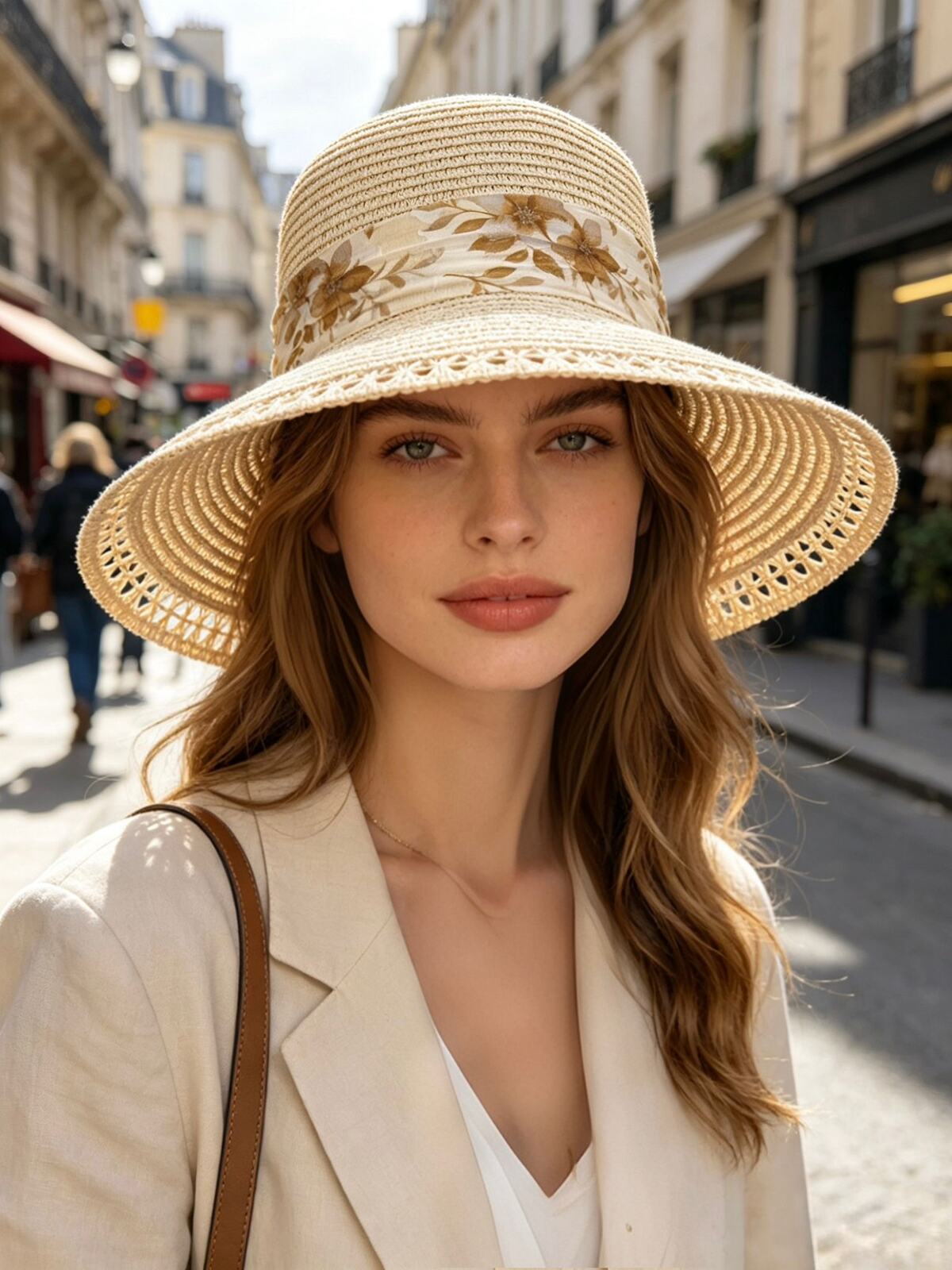 Sommerhat med blomsterbånd - Beige