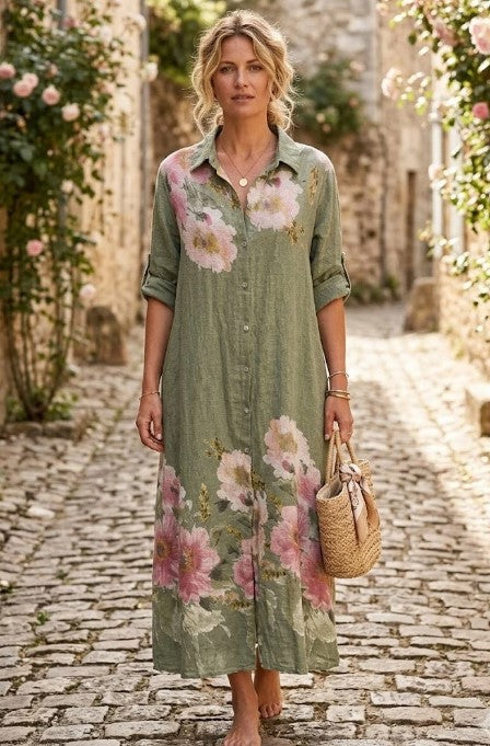 Maxikjole med blomsterprint - Army