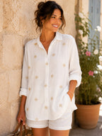 Mousselin bluse med guldbroderinger - Hvid