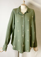 Mousselin bluse med guldbroderinger - Kaki
