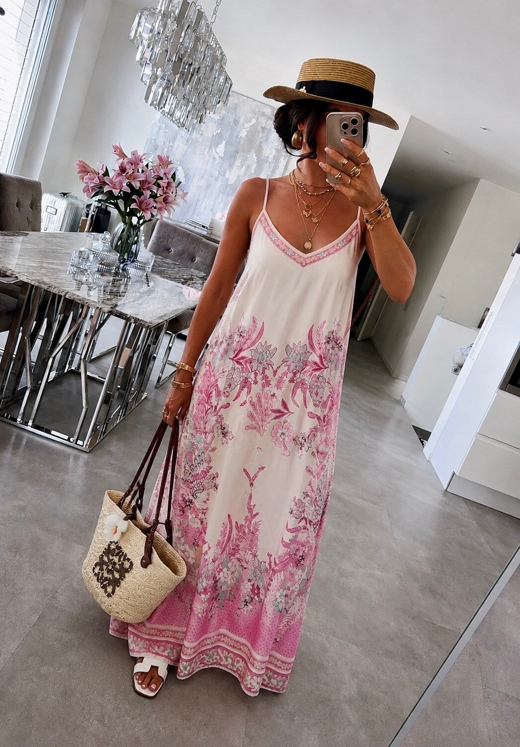 Maxi stropkjole med print - Pink