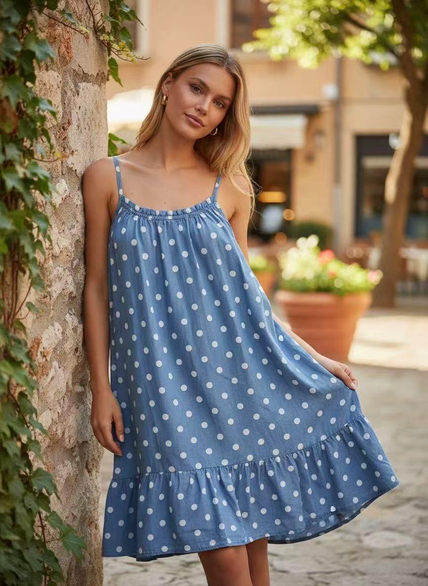 Denim stropkjole med polka prikker